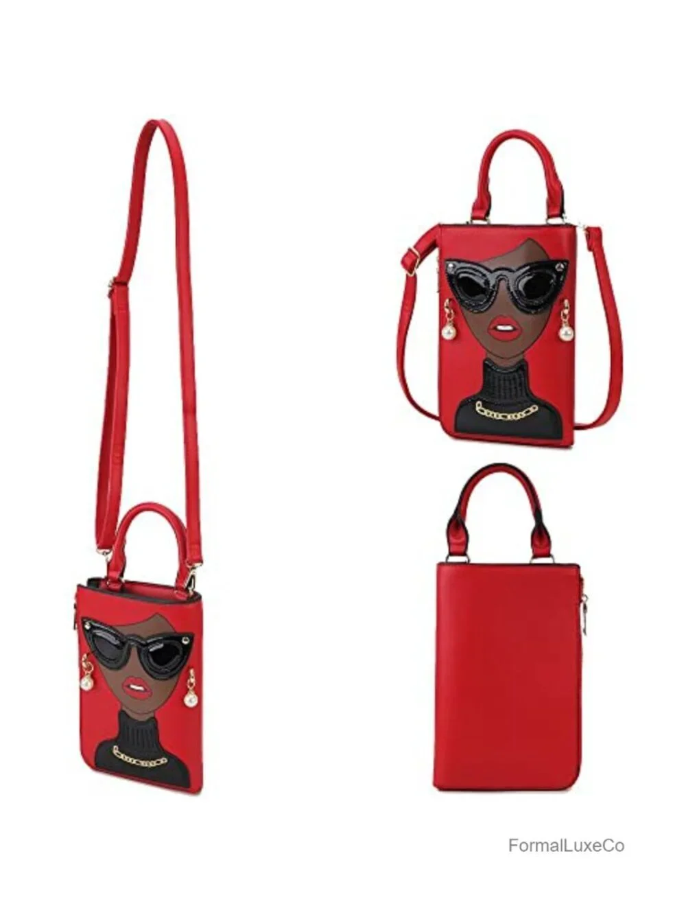 Novelty Lady Face Satchel Handbag Faux Leather Top Handle Purse with Chain